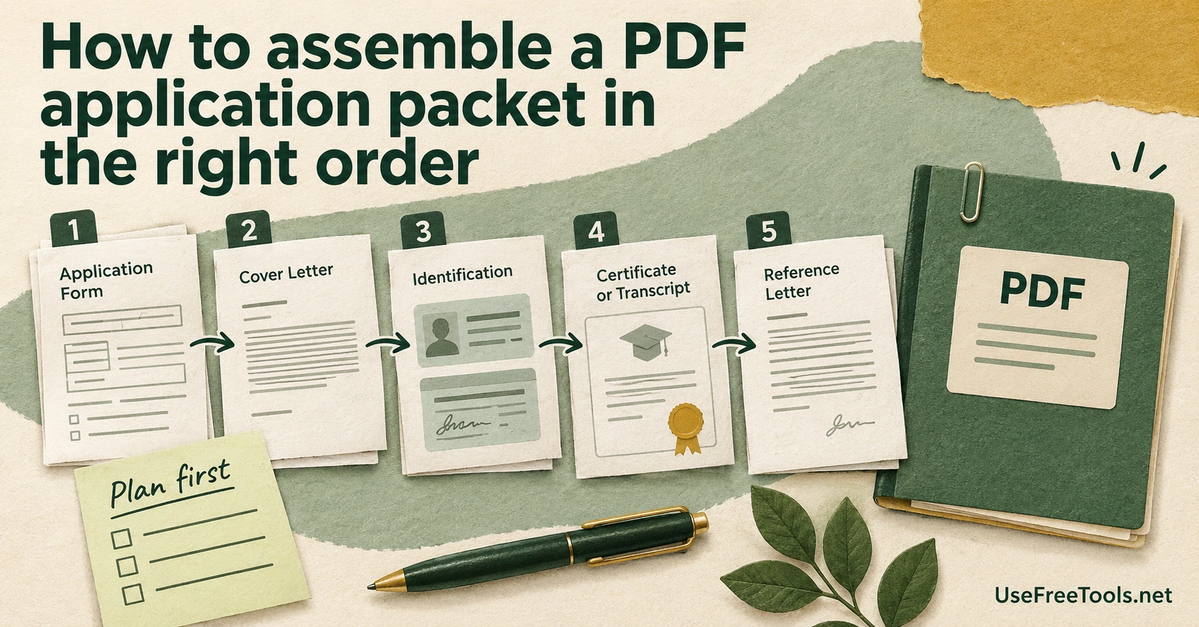 A job application PDF packet with document sheets arranged in a deliberate sequence using numbered tabs