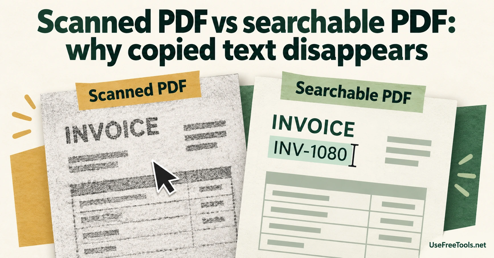Two invoice sheets, one grainy scanned page and one with an invoice reference selected as editable text