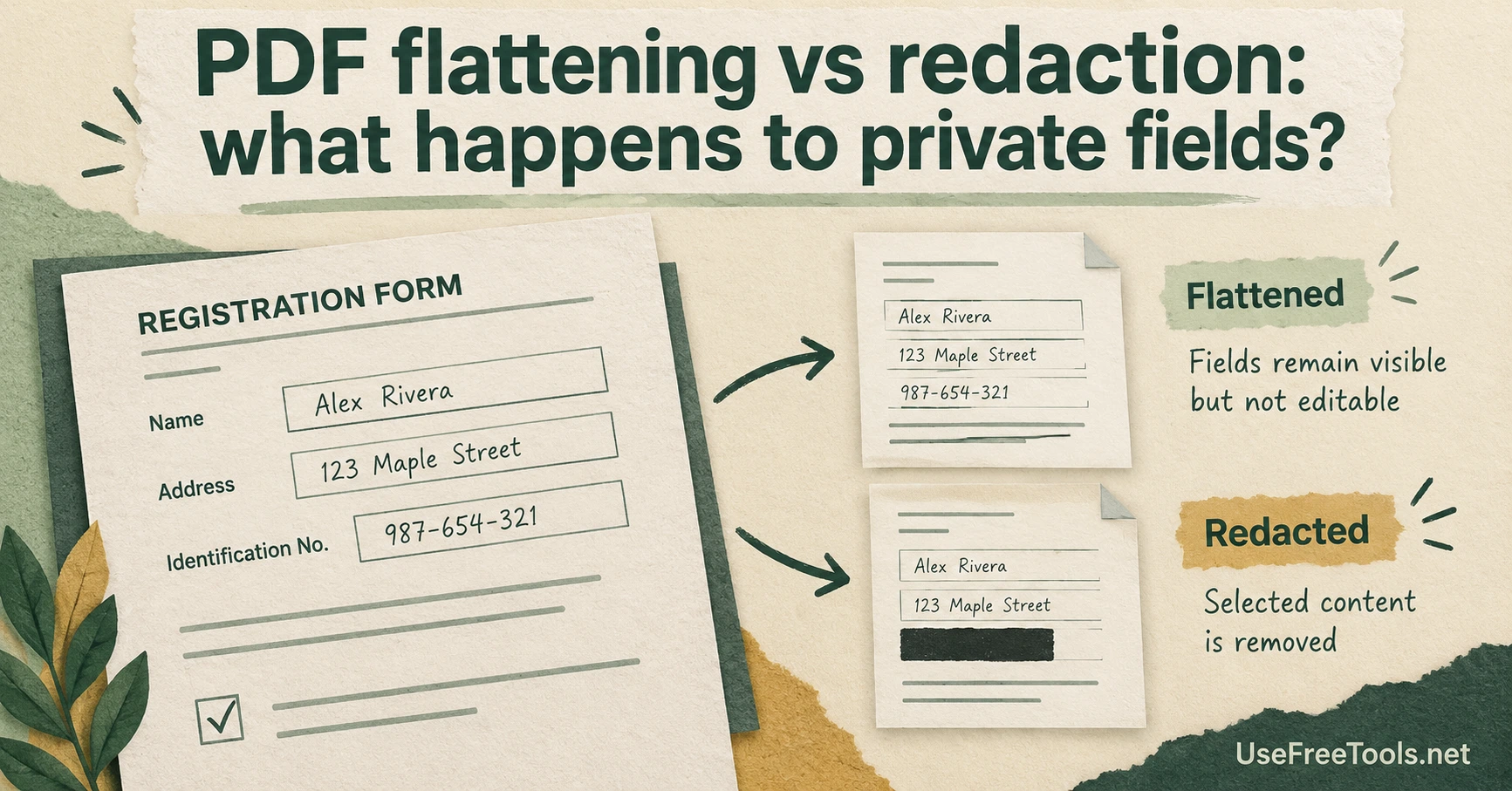 A form branches into a flattened copy with visible fields and a redacted copy with selected content removed