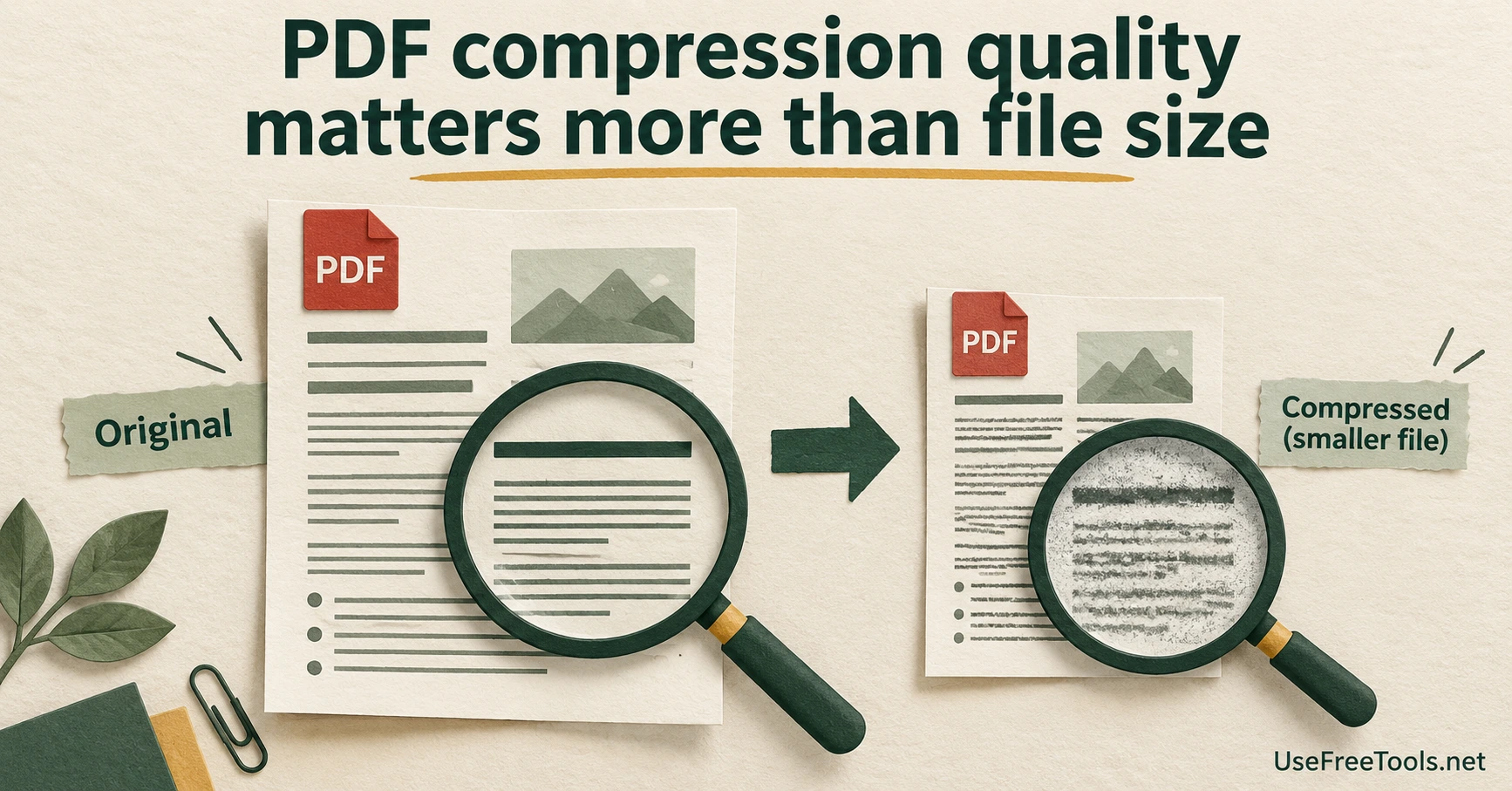 Two PDF sheets with a magnifier revealing crisp small print on one and damaged small print on the smaller compressed copy