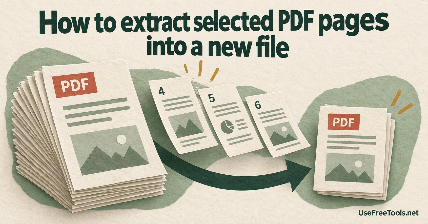 Several selected pages gently lifted out of a larger PDF stack into a new smaller document